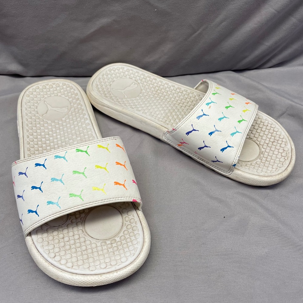 Puma Cool Cat Rainbow Monogram White Slides Mens Size 8 Sandals Multi Color Logo